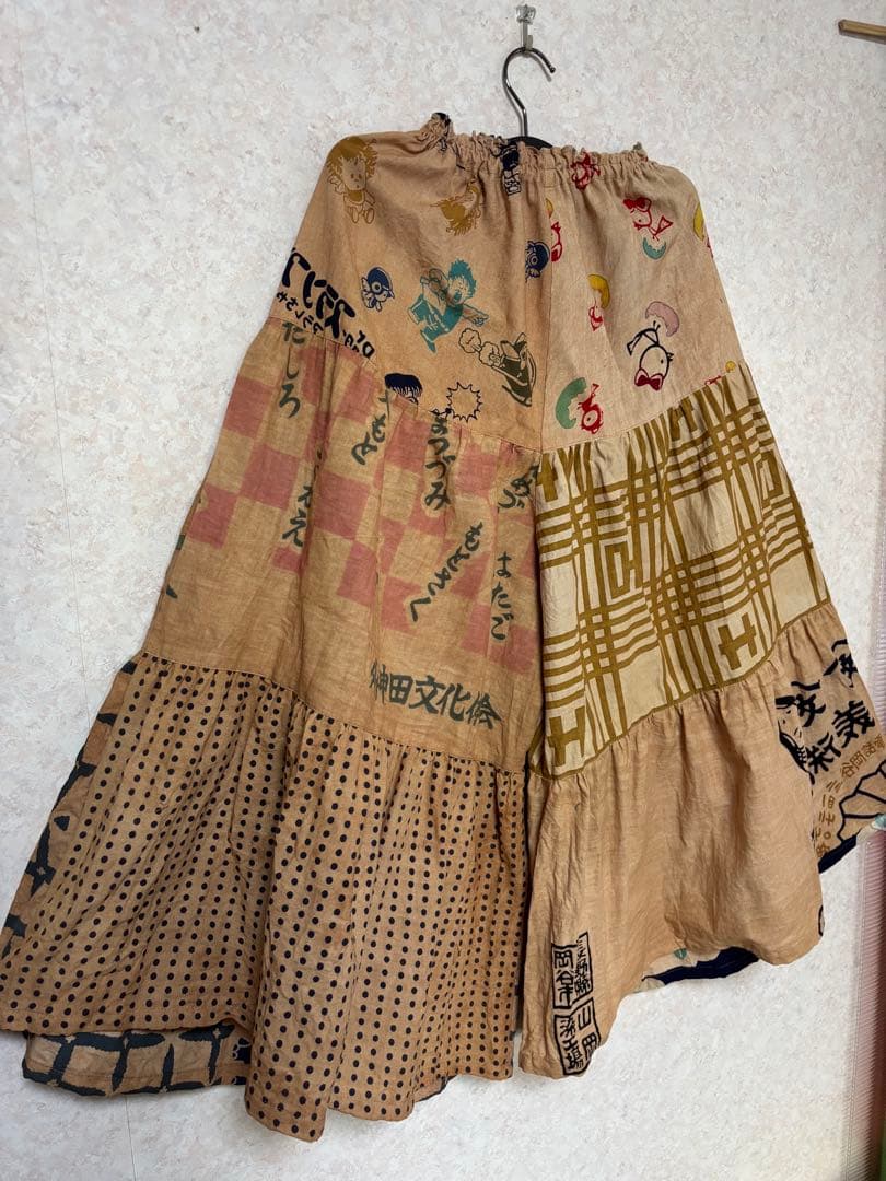 柿渋染め手ぬぐいの3段ティアードパンツ　浴衣リメイク　ゾウ　おかめ　祭り半纏