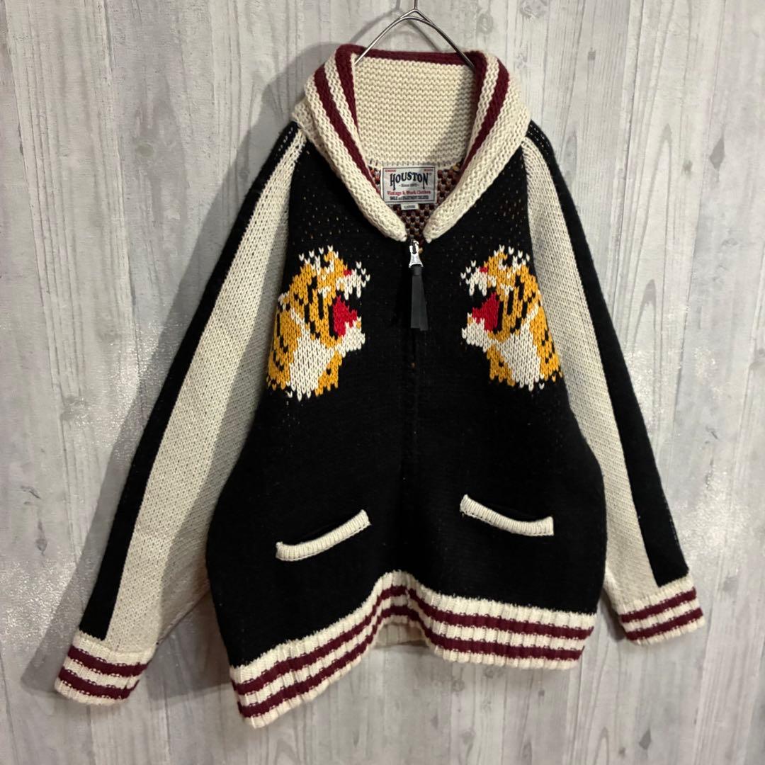 【最高デザイン】ヒューストン　ビッグタイガーロゴ　カウチンジップニット　L