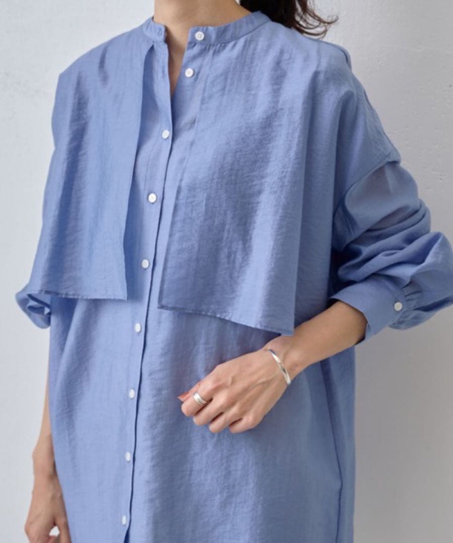 ✨定価2.2万円✨ビアズリー　レイヤードシャツ　バンドカラー　とろみ素材　ブルー