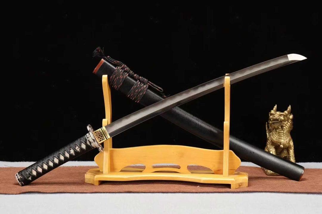 本脇差「桜洛」 黒石目鞘 銀鎏金装 皮革柄巻き 武具 日本刀 模造刀 鑑賞用