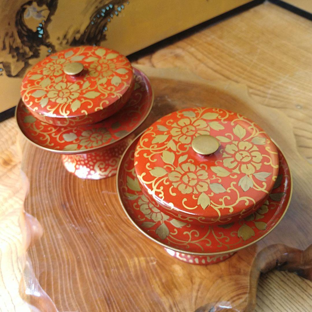 AB29 天目台一対 茶台 高茶台 高脚 金 高蒔絵 草花図 朱漆 木箱 昭和