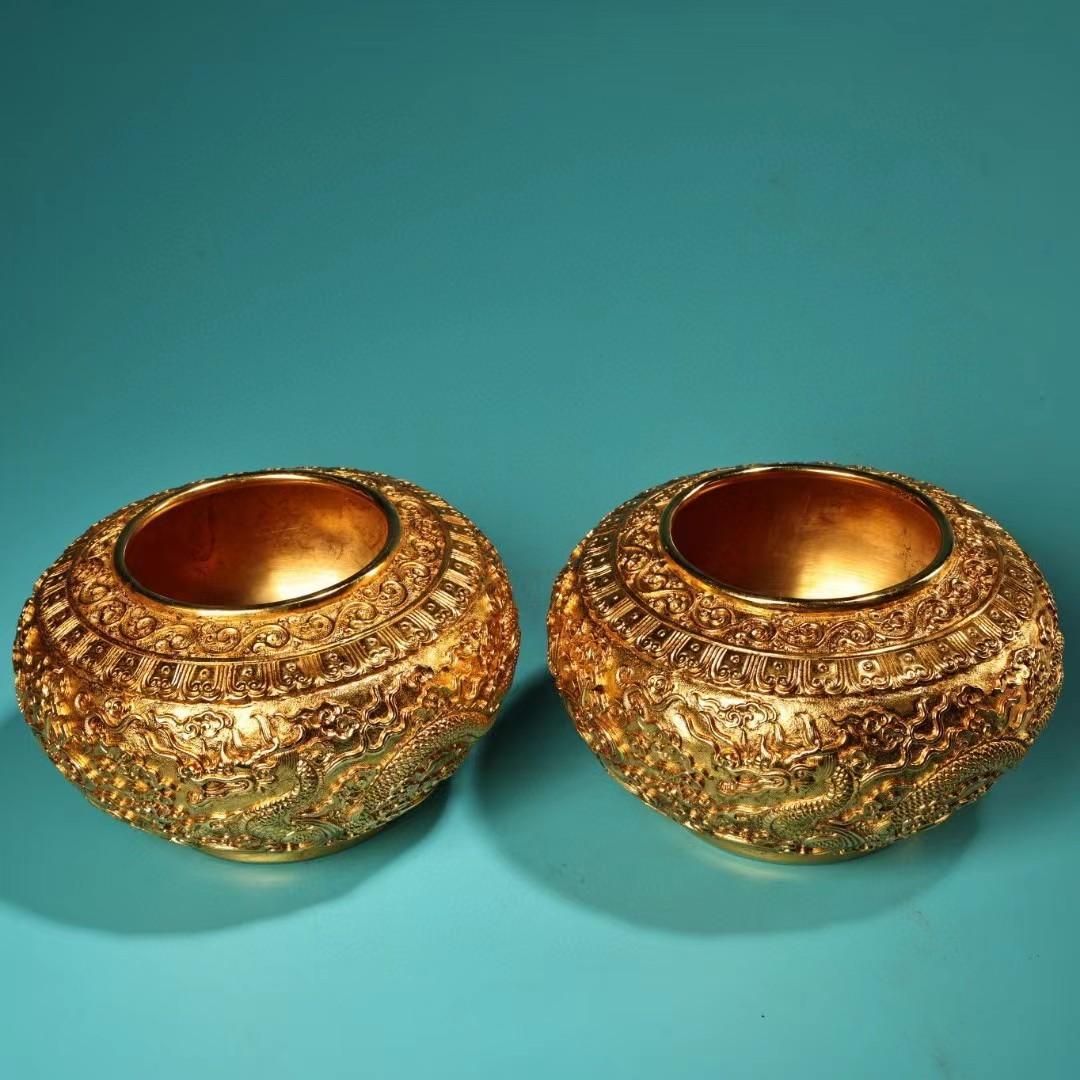 中国古美術・旧蔵収鎏金龍缶一対・純銅细密彫・純手作り・高浮彫・置物・酒器・茶道具