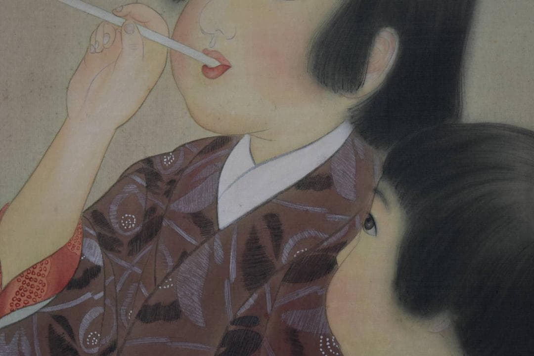 【真作】松影/少女図/シャボン玉/横物/掛軸/名家伝来/AA-294