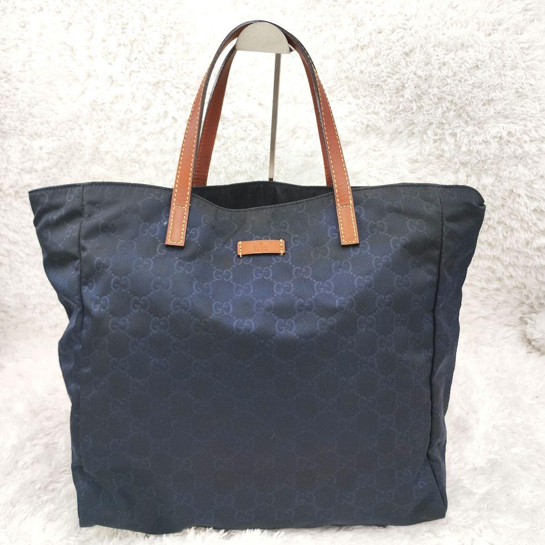 GUCCI✨️ナイロン レザー トートバッグ ショルダーバッグ ネイビー GG柄