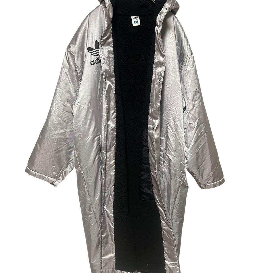 90s adidas アディダス ベンチコート ロング 裏ボア シルバー L