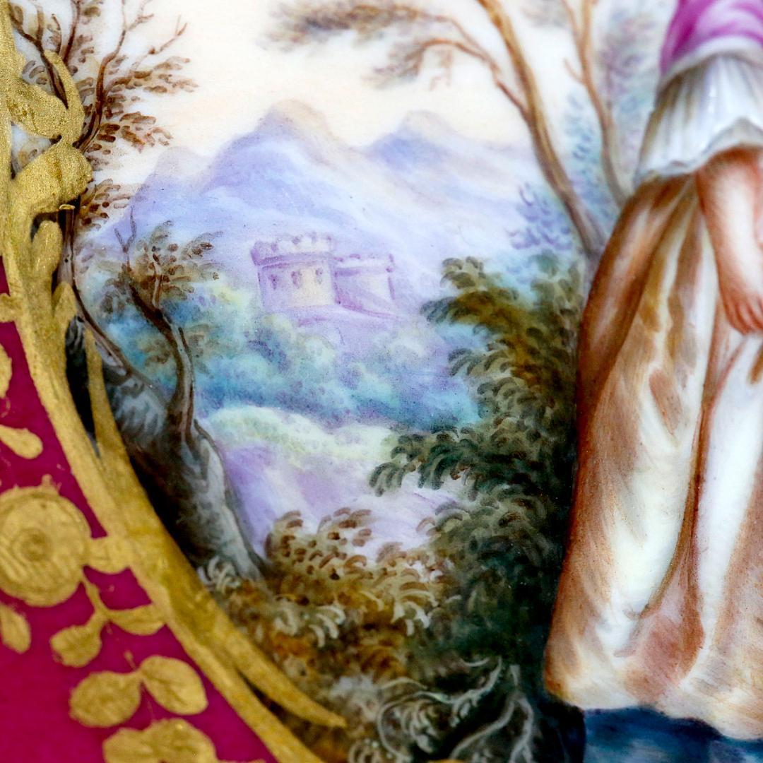 マイセン 忘れな草 透かし彫 恋人 ワトー風 飾り皿 ボタン剣 額装 １９世紀