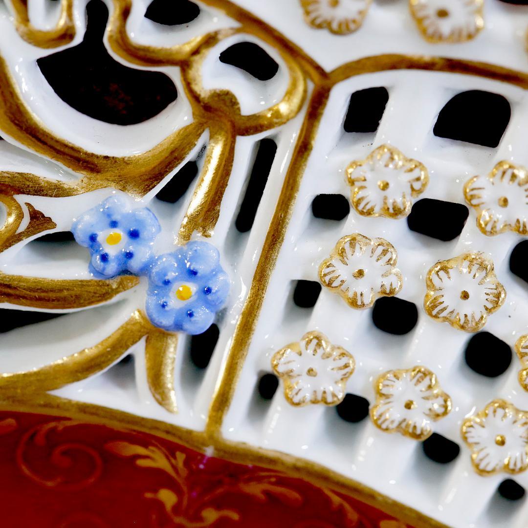 マイセン 忘れな草 透かし彫 恋人 ワトー風 飾り皿 ボタン剣 額装 １９世紀