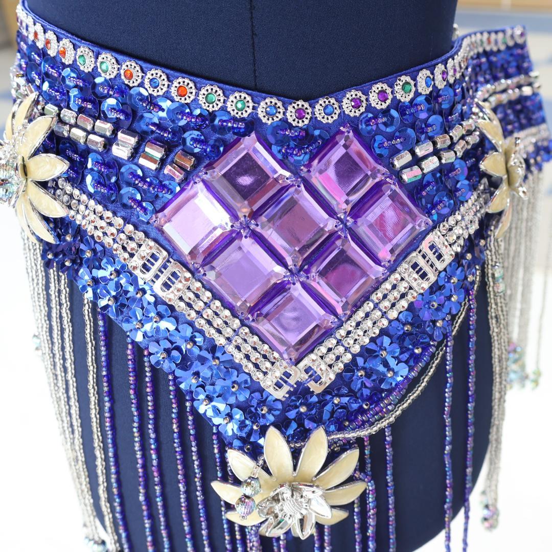 【ベリーダンス用 オリエンタル衣装】ブルー ラメ多数付き パープル 花 青 紫