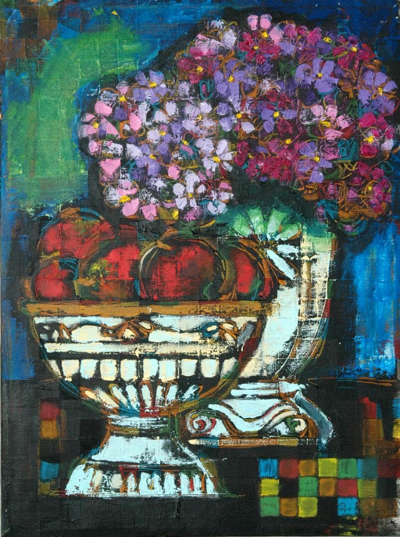 油絵 菅家令子 絵 絵画インテリア額付(白) uF6-063504 静物花果物器