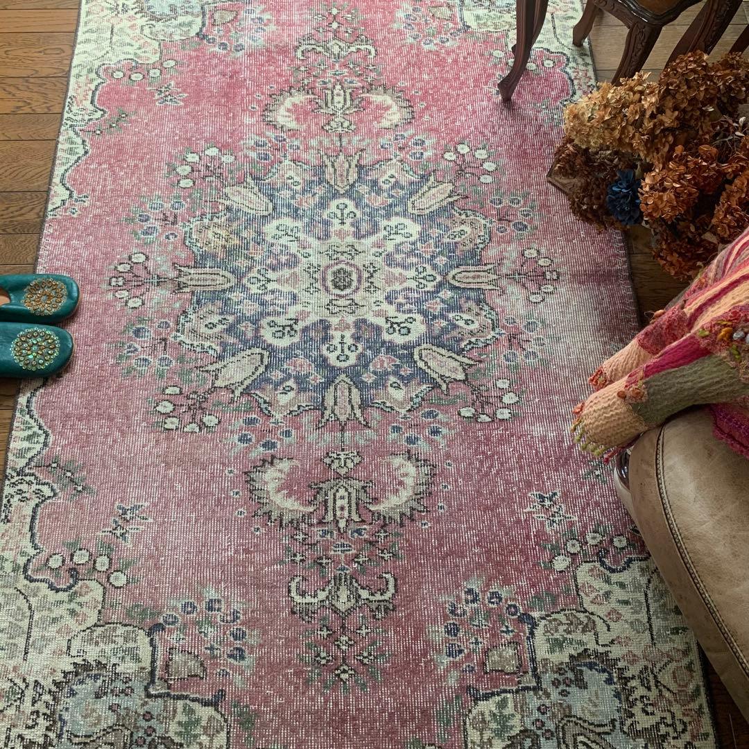 ペールピンク　トルコヴィンテージラグ　215×116 メダリオン
