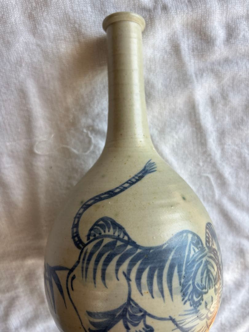 古伊万里　古染付 竹虎図 鶴首徳利　 花器 一輪挿し 時代物