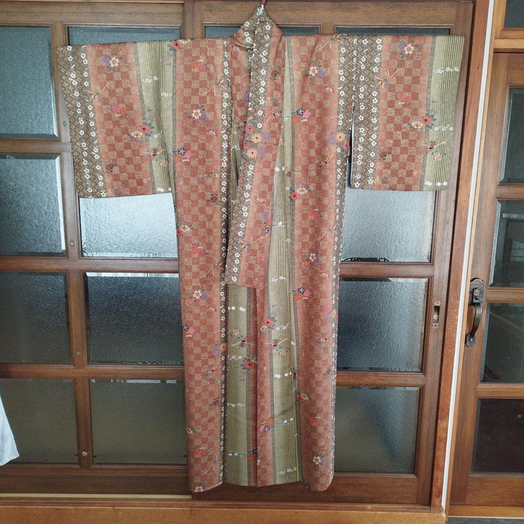 着物 小紋 朱色と緑色市松模様 花柄 和風 レトロ 可愛い