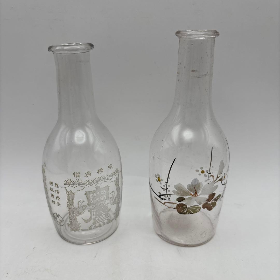 ガラス 徳利 花図 手描き酒器 レトロ花柄　ガラス瓶　2個
