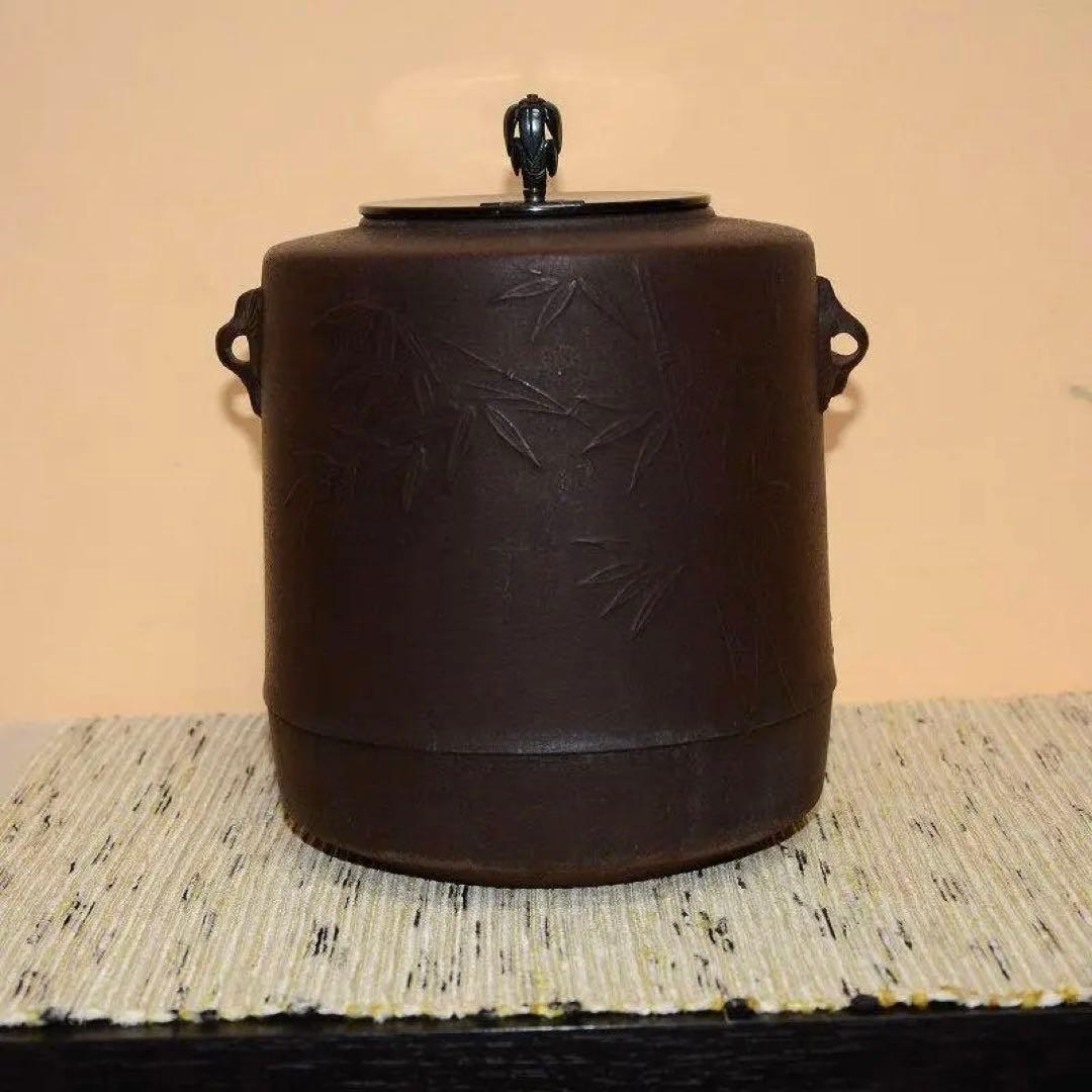 茶道具　雀鐶付竹紋釜　風炉釜　釣釜　大釻付　菊池正直　古物　送料込み