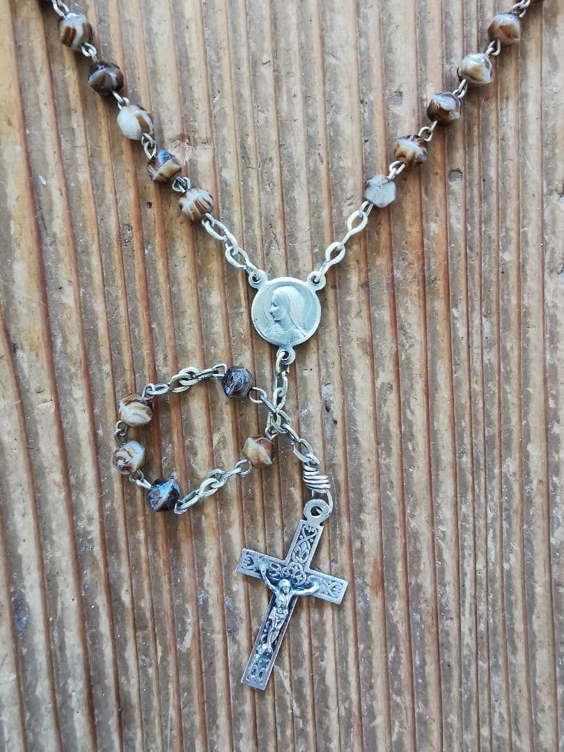 アンティーク ベルギーイタリア ブラウンマーブルガラス マリアとイエスのロザリオ