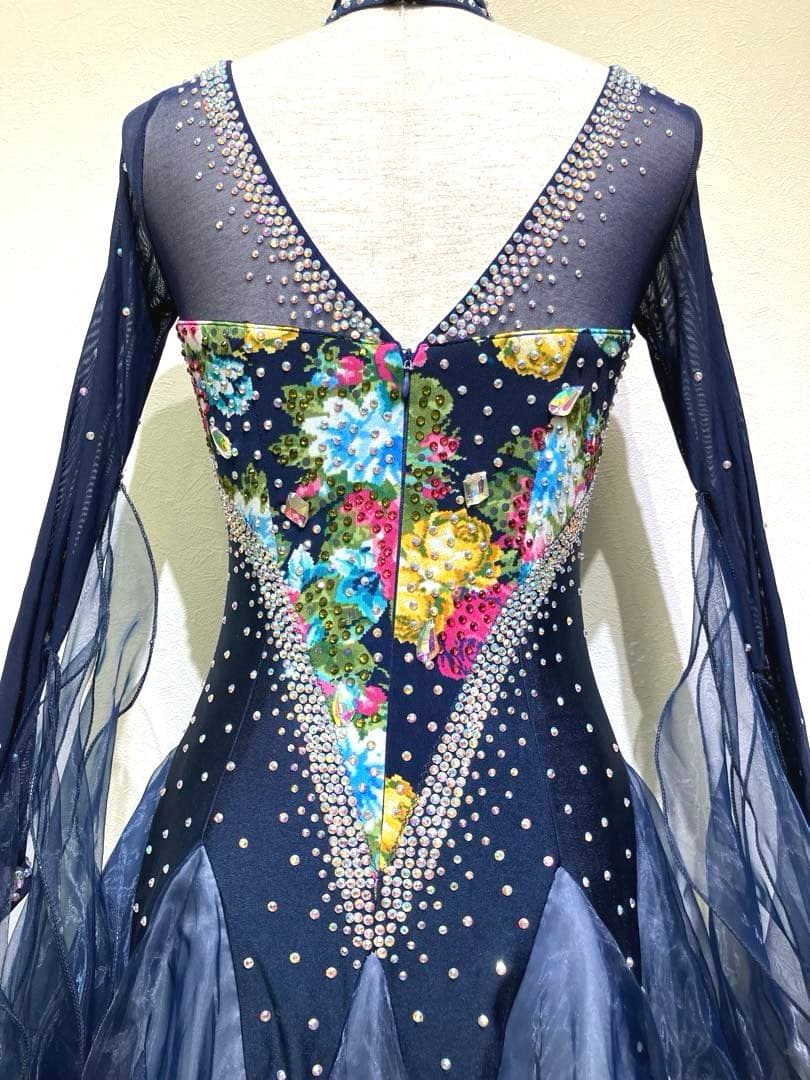 社交ダンス　スタンダードドレス　モダンドレス　　スパンコール　ネイビー　花柄