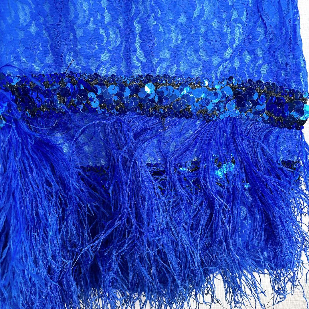 海外デザイン 社交ダンス ドレス ブルー フリンジ スパンコール レース装飾