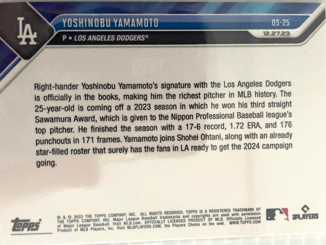 山本由伸 直筆サインフォト ロサンゼルス・ドジャース BBMカードセット