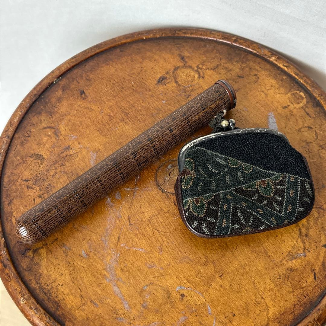 煙管筒 竹細工 相良刺繍 × レザー がま口巾着 骨董 煙草入 古美術