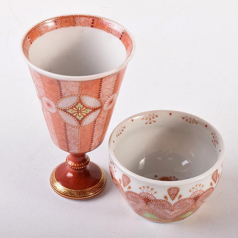 九谷焼　織田恵美作　赤絵細描　酒盃　酒杯　共布共箱　2点まとめて　D　R8072
