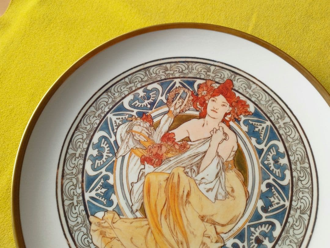 希少品 ミュシャ大皿：パリのシンボル 直径31cm 金縁