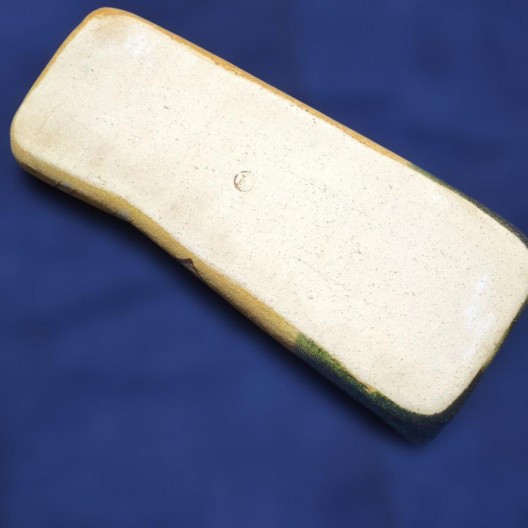 小原流生け花 古い織部焼 緑✕土色長型水盤 花器