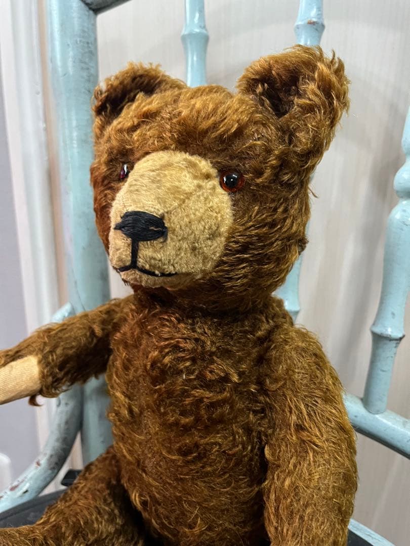 最終お値下げ素朴で可愛いドイツアンティークベア藁詰めグラスアイ鳴きます38㌢