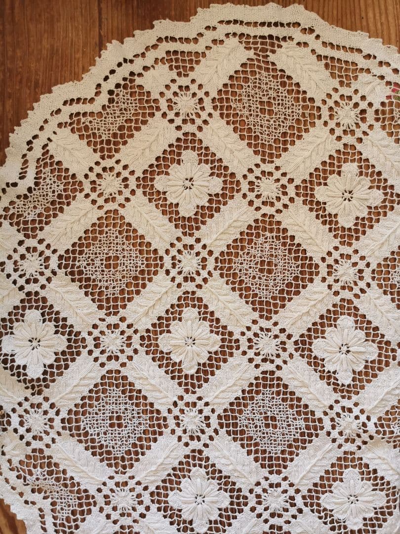 アンティーク イタリア ニードルワーク 花葉盛上刺繍フィレレース ラージクロス