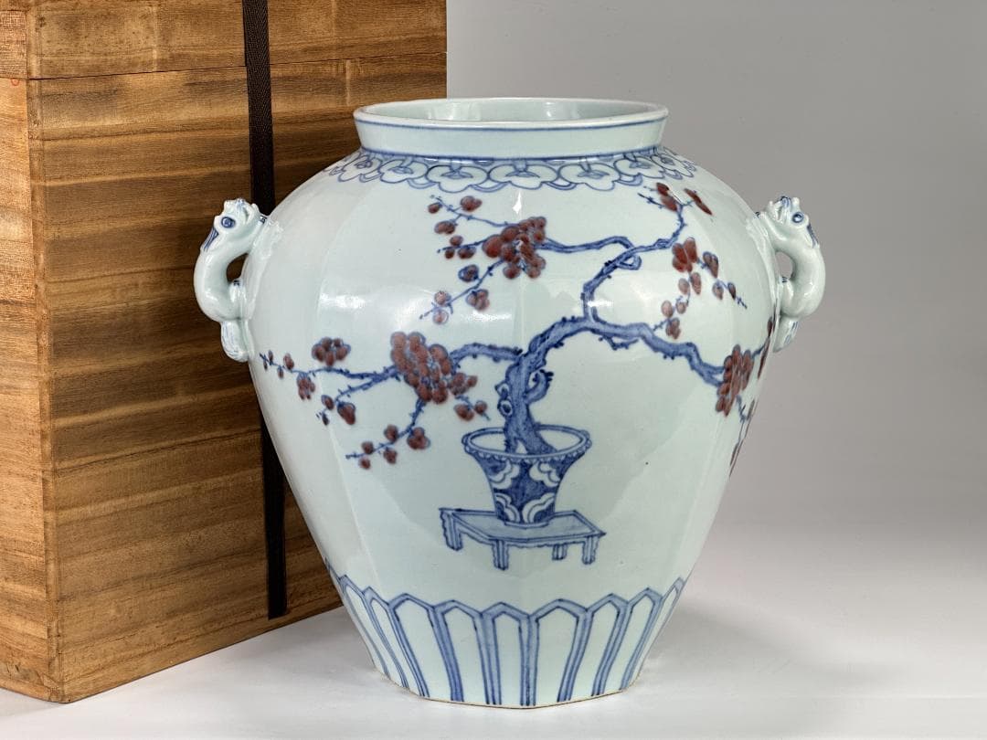 韓国美術　韓国人間国宝　安東五　白磁器　獣耳辰砂染付大花瓶　共箱