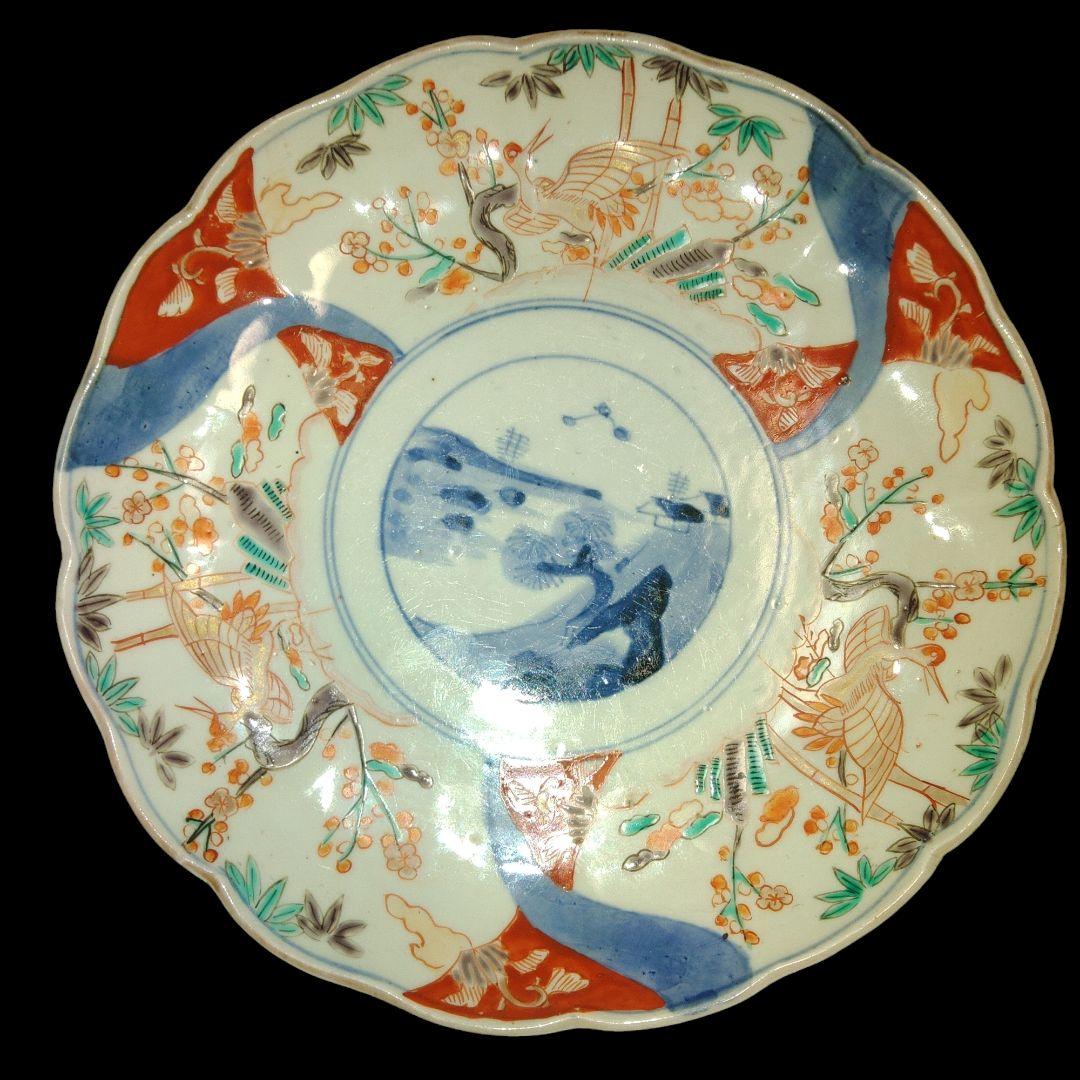 古伊万里　輪花金彩色絵7寸皿　吉祥文