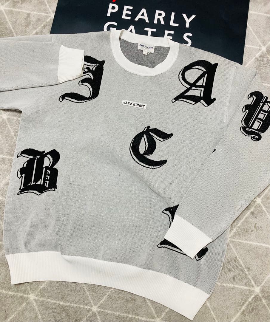 新品 パーリーゲイツ ジャックバニー ゴシックロゴWジャガードニット(6)LL白