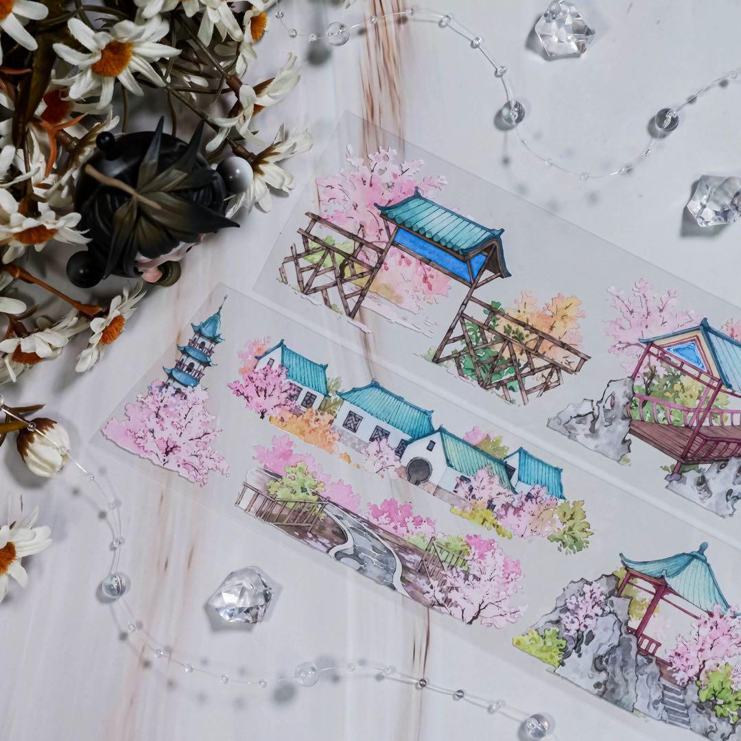 【9488】海外　5m巻　PETマスキングテープ春景色　東屋　ピンク　装飾背景系