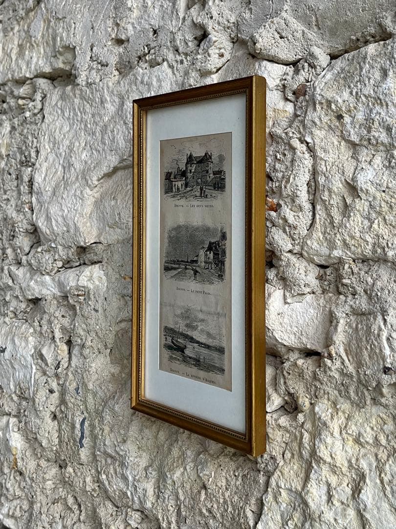 ◆フランスアンティーク｜版画田舎の暮らし風景ノルマンディー絵画額フレーム壁掛け