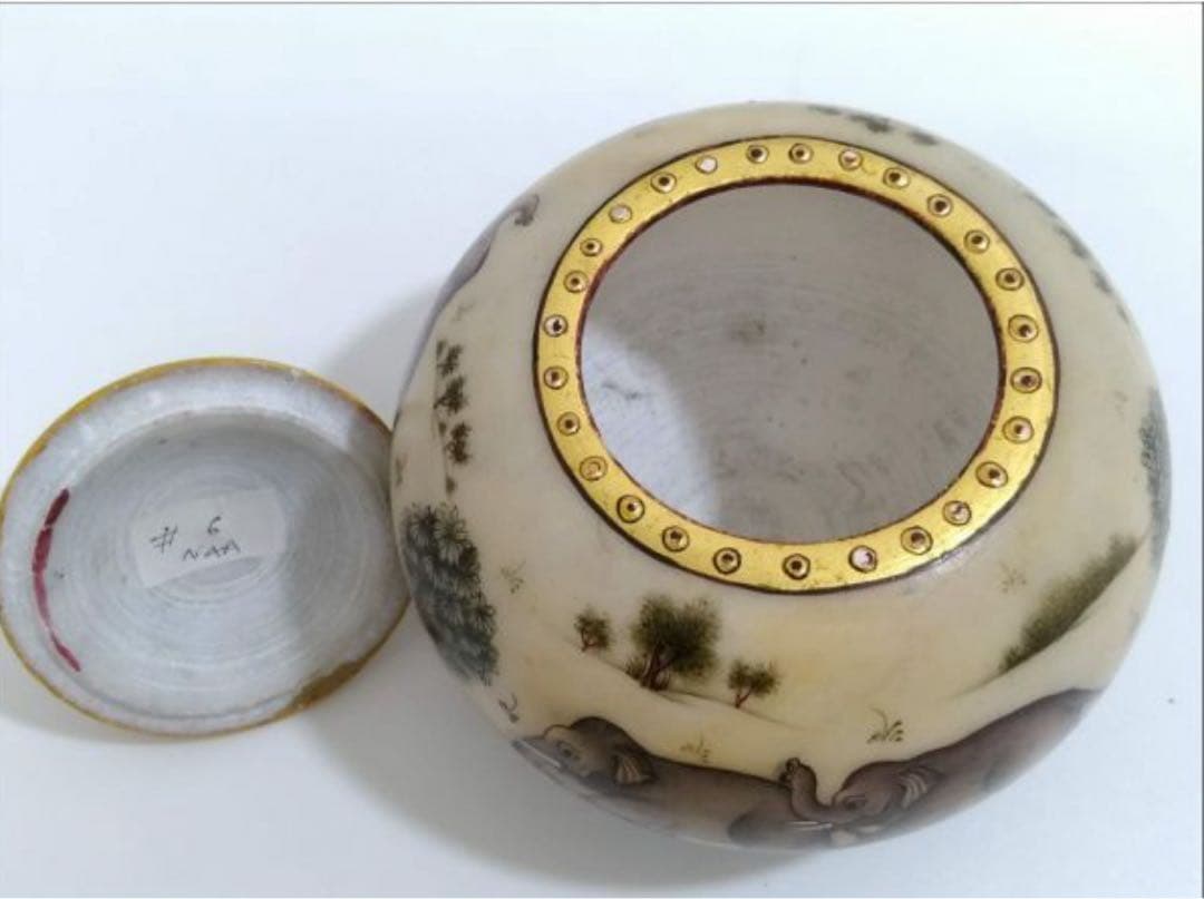 定価25,000円 手描き 象細密図 大理石 小物入 金彩仕上げ マハラジャ様式