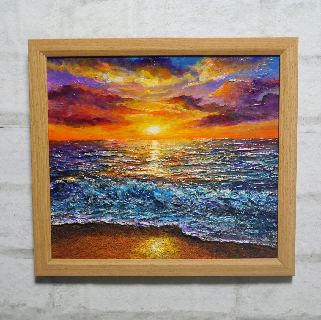 油絵 油彩 油彩画 絵 絵画 【水平線に沈む夕日】