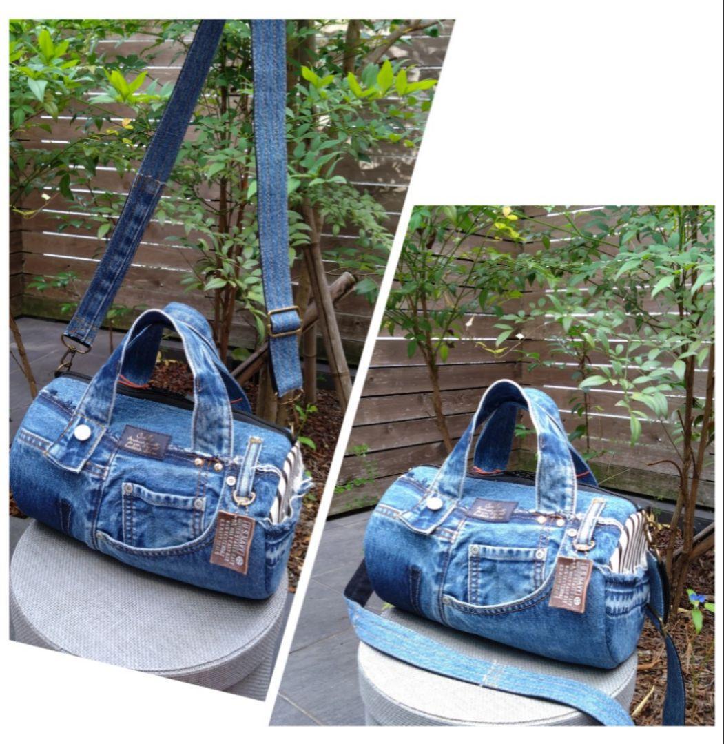 専用❕️№768【DENIM❌️ドラム缶型ボストンバッグ♥】デニムリメイクバッグ