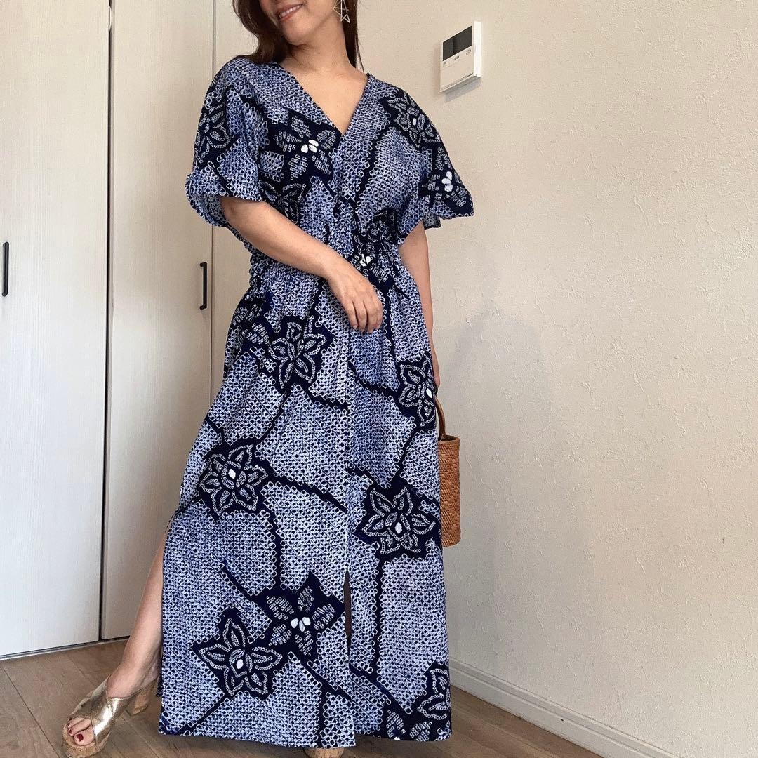 一点物　浴衣　有松絞り　ワンピース ハンドメイド　マキシ　シンプル　単色