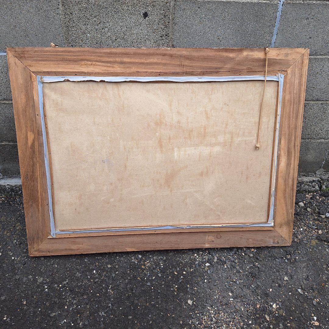 絵画　油絵　120cm×80cm　ヴィンテージ　レトロ　額　山、川のほとり