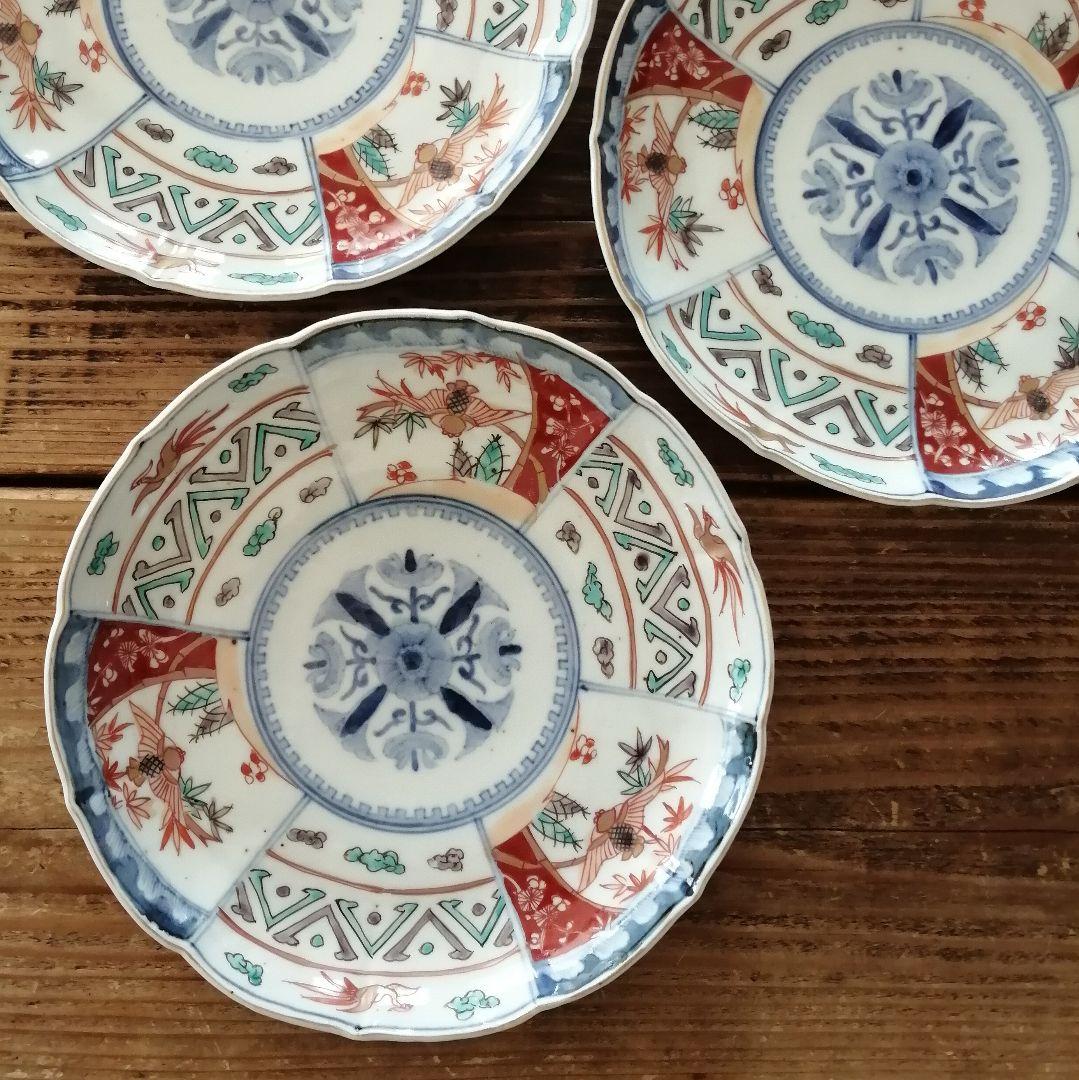 古伊万里　色絵　ふくら雀と鳳凰　輪花縁　七寸皿　３客