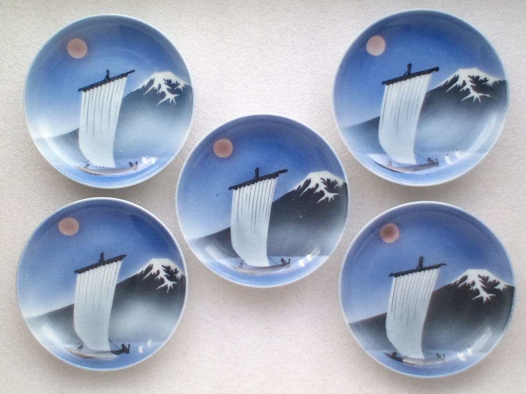 図変わり時代皿●瀬戸焼吹墨印判富士帆船絵図小皿:径約16cm５枚組●保管品未使用