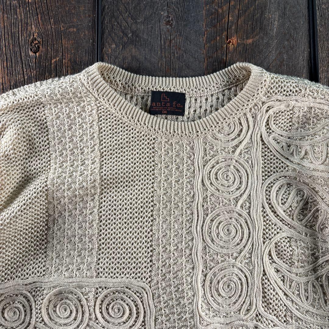 古着　サンタフェ　3Dニットアイボリー　ペイズリー　XL シアニット　リネン混.