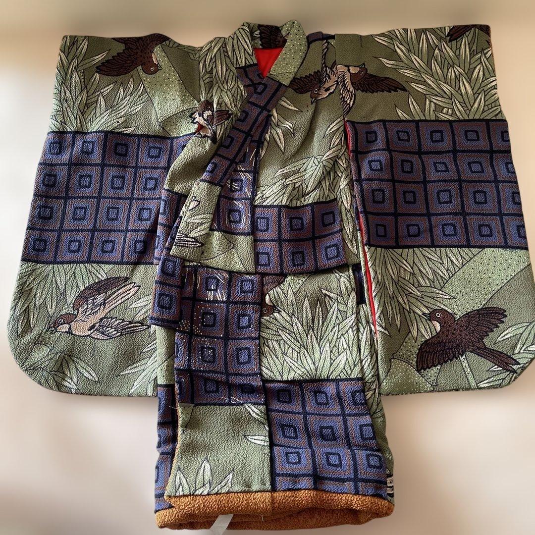 古布縮緬　人形の着物　13号　雀　竹　男の子　103106