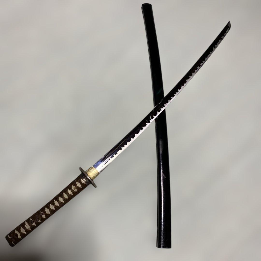 模造刀(居合刀)下緒無し 茶柄 鶴と波絵角丸鍔