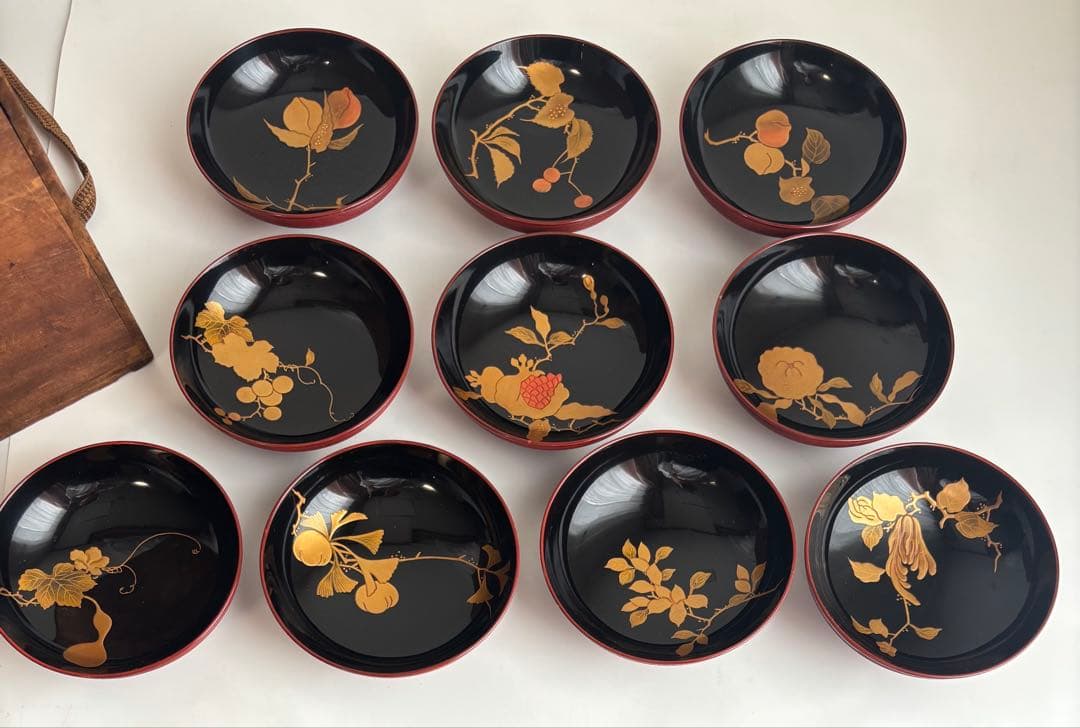 時代漆器　京都　蒔絵師　長野横笛　吸物椀　絵替　9客　共箱