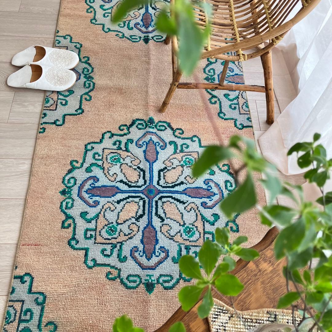 コーラルベージュ77×202グリーン　メダリオンランナー　トルコヴィンテージラグ