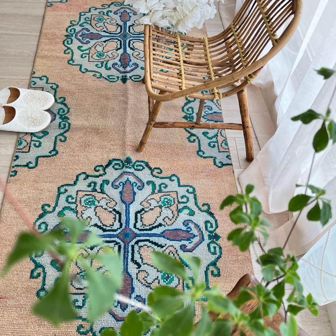 コーラルベージュ77×202グリーン　メダリオンランナー　トルコヴィンテージラグ