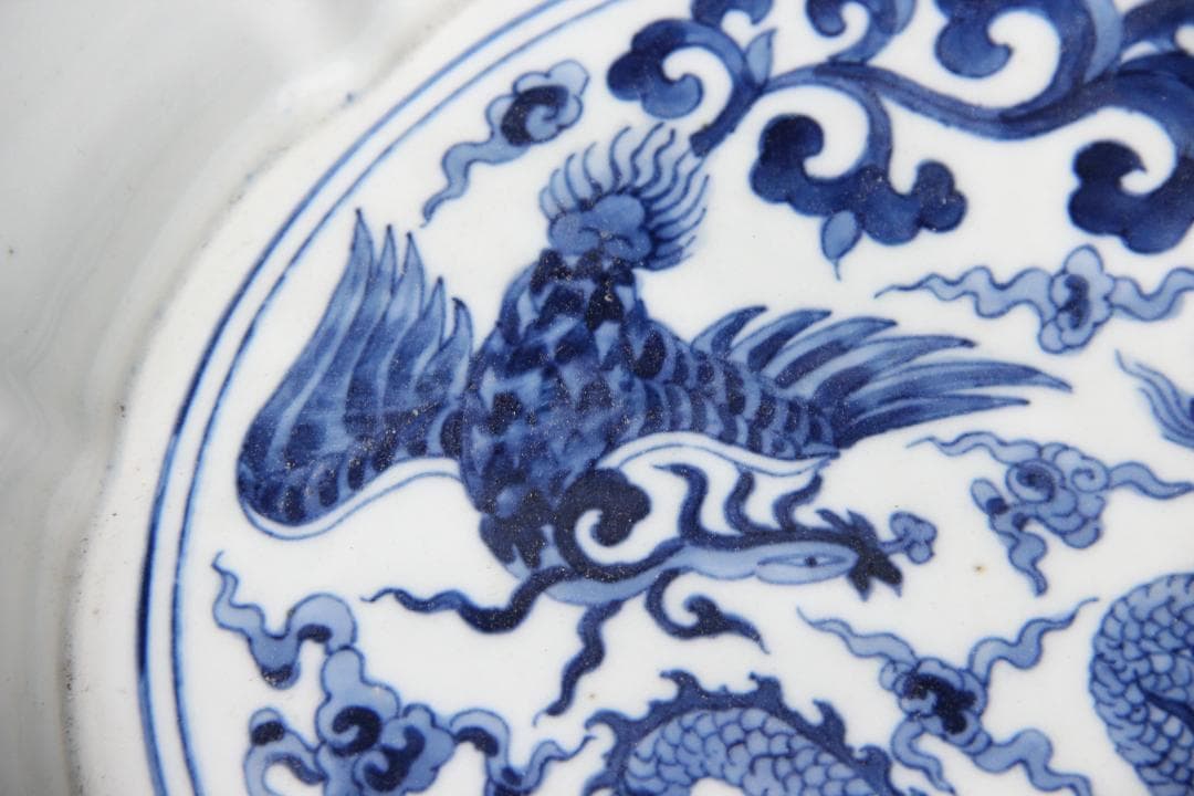 中国 清代 染付　青花双龍戯珠図 花口洗 大明宣徳年製 文房具　皿 FJ9-10