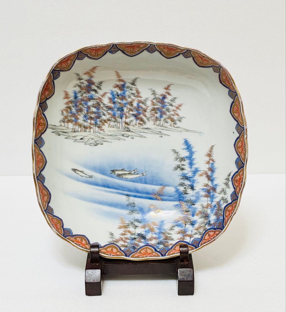 31日掲載終了 明治 香蘭社 有田焼 オールド香蘭社 色絵竹林鮎文 大鉢