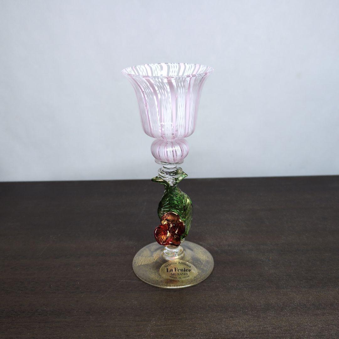 ムラーノガラス 金彩 レースガラス 花形ステム ミニグラス 酒器