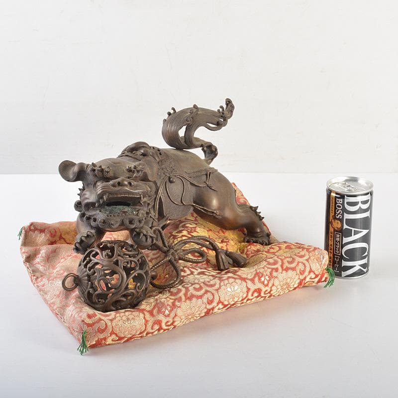 中国　古銅宣徳銅　玉乗り獅子　香炉　置物　Y　R7427